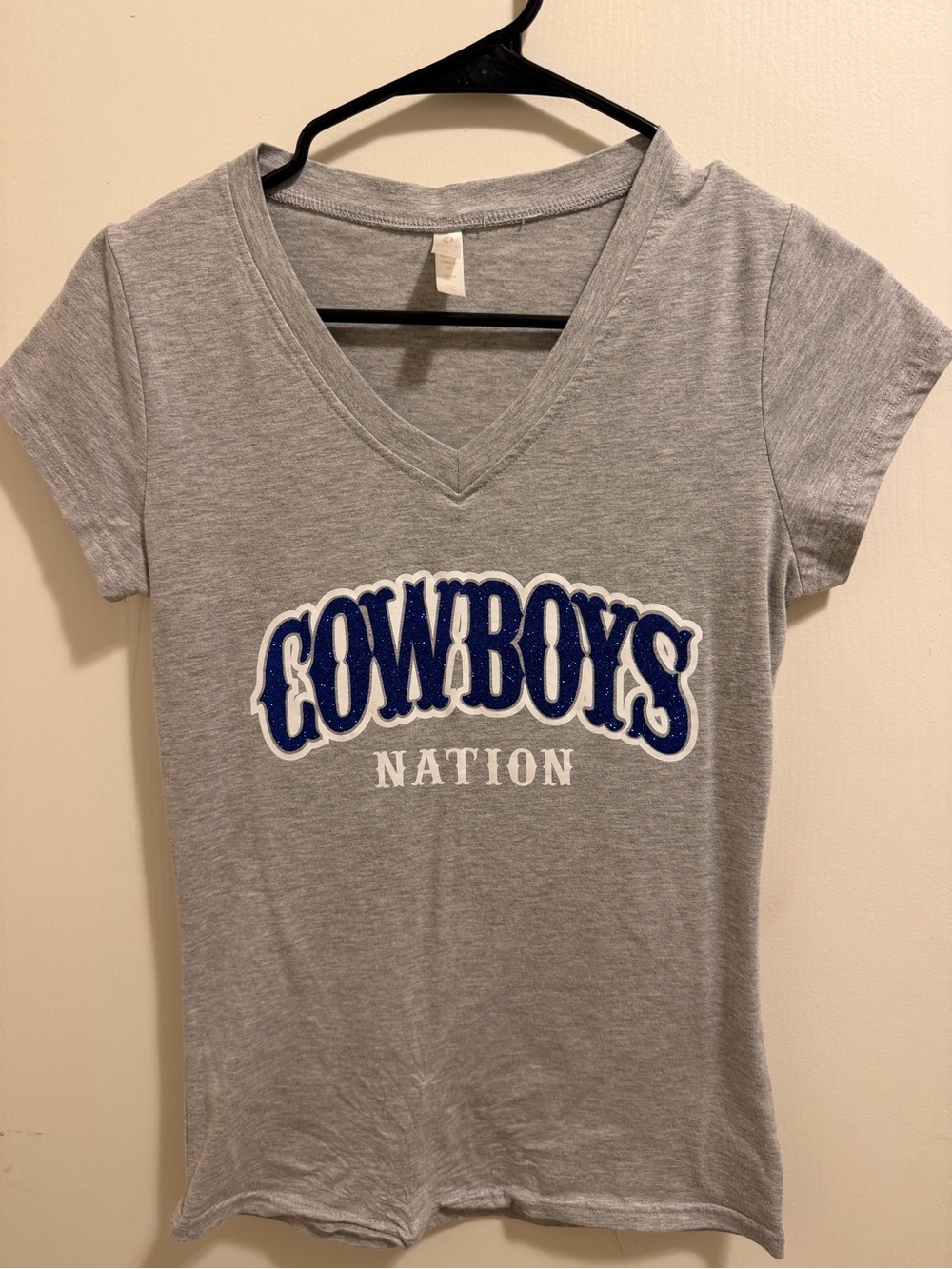 Cowboys Nation women’s Heather Gray V-Neck Tee glitter lettering